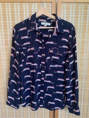 LOFT Navy Leopard Print Button-Up Shirt
